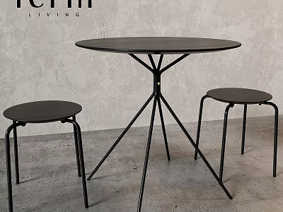 Modern Minimalist Black Round Table with Metal Legs and Stools Set 3d model
