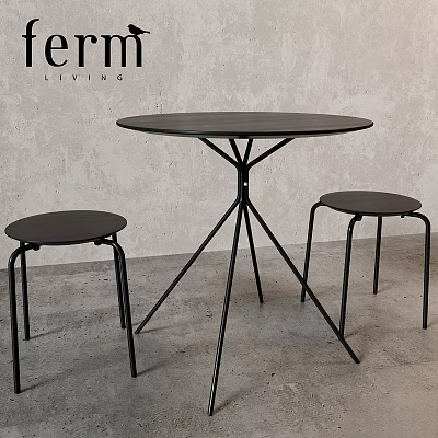 Modern Minimalist Black Round Table with Metal Legs and Stools Set 3d model