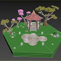 Cartoon Scene with Red Pavilion Green Grassy Area Pink Green Trees and Spiral Pattern