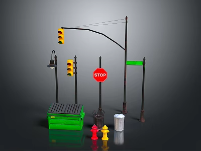 Urban Architectural Street Elements With Traffic Lights Stop Sign Lamp Trash Can And Fire Hydrants 3d model