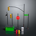 Urban Architectural Street Elements With Traffic Lights Stop Sign Lamp Trash Can And Fire Hydrants