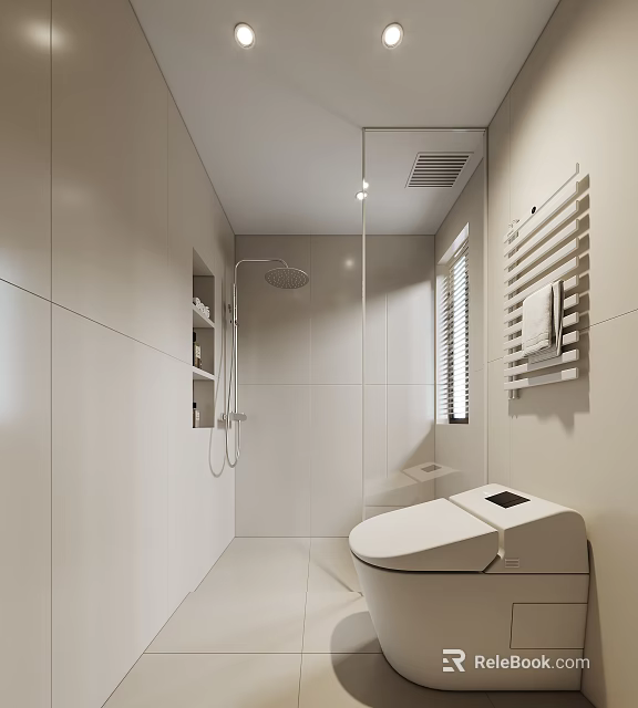 Modern Bathroom Interior Design with Shower Area Smart Toilet Storage Shelf and Window Blinds 3d model 