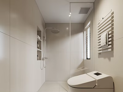 Modern Bathroom Interior Design with Shower Area Smart Toilet Storage Shelf and Window Blinds 3d model