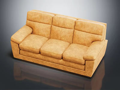 Modern Three Seater Sofa In Light Brown Leather With Plush Seats And Thick Armrests 3d model