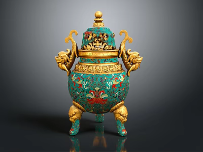 Ornamental Furniture Decorative Piece With Turquoise Gold Intricate Patterns And Lion Motifs 3d model