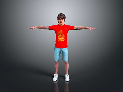 Man with tattoos in red T-shirt blue shorts and white shoes standing with arms outstretched 3d model