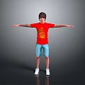 Man with tattoos in red T-shirt blue shorts and white shoes standing with arms outstretched