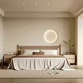 Modern Bedroom Interior With Circular Wall Light Wooden Headboard And Neutral Tones Rug