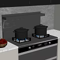 Modern Kitchen Gas Stove With Stainless Steel Pots Blue Flames Range Hood And Wooden Bowl