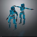 Blue Mechanical Robot Figures With Extended Relaxed Arm Positions And Metal Structure