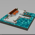 Traditional Wooden Watercraft At Dock By White Building With Red Roof Greenery And Sparkling Water