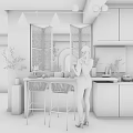 Modern Kitchen Interior With Bar Counter Marble Top Bar Stools Pendant Lights And Cabinets