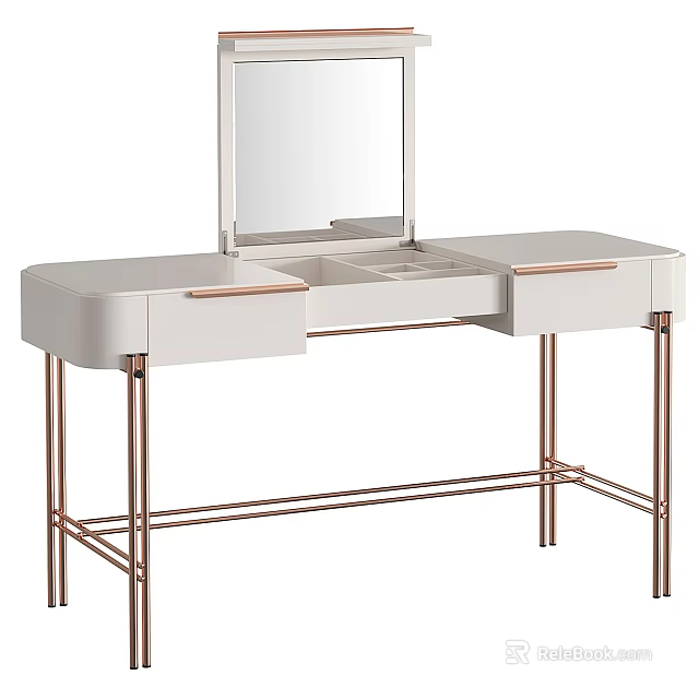 Elegant Modern White Dressing Table With Rose Gold Frame Mirror And Storage Drawers 3d model 