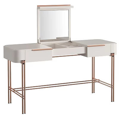 Elegant Modern White Dressing Table With Rose Gold Frame Mirror And Storage Drawers 3d model