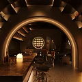 Modern Bar Interior With Arched Design Warm Lighting Wine Racks And Round Tables