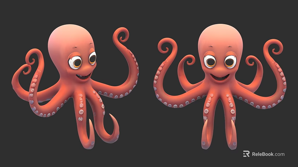 Two Adorable Orange Cartoon Octopus With Smiling Faces Big Eyes Curly Tentacles And Suckers 3d model 