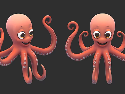 Two Adorable Orange Cartoon Octopus With Smiling Faces Big Eyes Curly Tentacles And Suckers 3d model