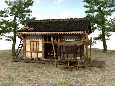 Traditional Chinese Cottage With Wooden Structure Black Tile Roof Ladder And Trees 3d model