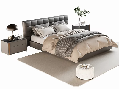 Modern Double Bed With Tufted Headboard Neutral Bedding Nightstands Table Lamp And Soft Rug 3d model