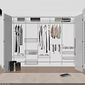 Modern Organized Wardrobe With White Shelves Transparent Storage Boxes And Hanging Clothes