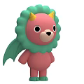 Cute Cartoon Lion Character With Pink Body Green Mane Yellow Horns And Green Wings