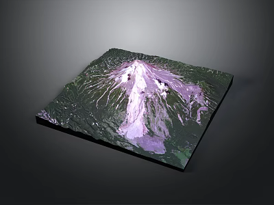 3D Volcano Terrain Model With Square Base Green Vegetation And Purple Lava Traces 3d model