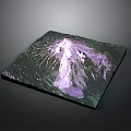 3D Volcano Terrain Model With Square Base Green Vegetation And Purple Lava Traces