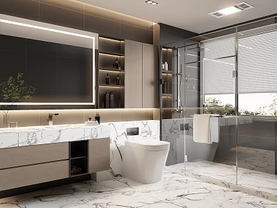 Modern Bathroom Interior With Large Mirror Marble Vanity Glass Shower And Toilet 3d model