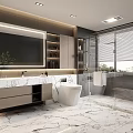 Modern Bathroom Interior With Large Mirror Marble Vanity Glass Shower And Toilet