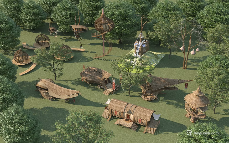 Wooden Houses With Thatched Roofs And Unique Designs In Lush Forest Setting 3d model 