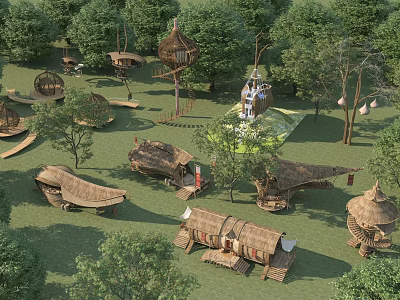 Wooden Houses With Thatched Roofs And Unique Designs In Lush Forest Setting 3d model