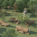 Wooden Houses With Thatched Roofs And Unique Designs In Lush Forest Setting