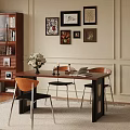 Modern Dining Table Set with Flower Vase Candles Books Chairs Wall Art and Bookshelf