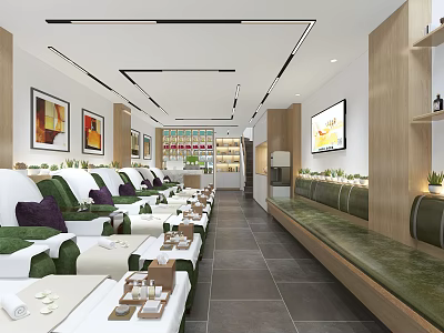 Luxury Spa Center Interior With Massage Beds Green Cushions And Decorative Paintings 3d model