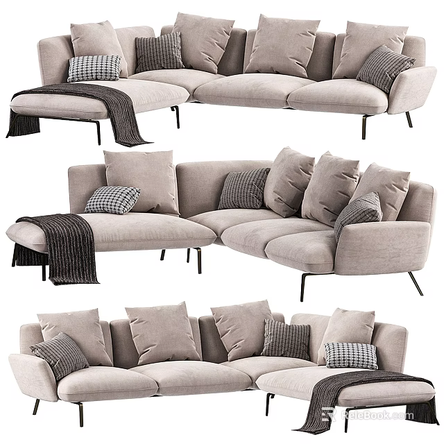 Modern Light Gray Sectional Sofa With Multiple Pillows And Cozy Throw Blanket 3d model