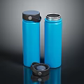 Two Blue Thermal Insulated Vacuum Flasks For Daily Use With One Lid Placed Beside