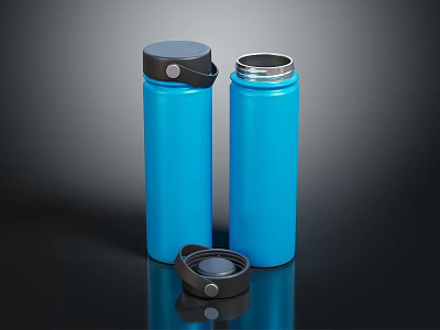 Two Blue Thermal Insulated Vacuum Flasks For Daily Use With One Lid Placed Beside 3d model