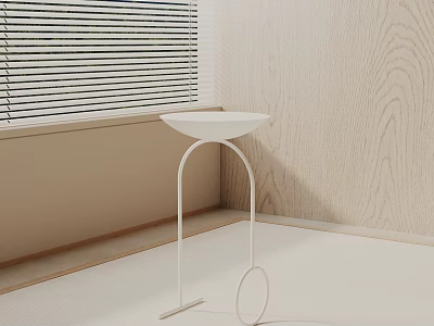Minimalist White Side Table With Arched Legs Round Top By Wood Grain Wall And Window 3d model
