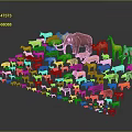 Scenery of Colorful Animal Models Including Elephant Giraffe Arranged in Hill Shape Against Gray Background