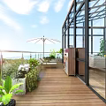 Villa Balcony With Glass Roof Large Windows Stone Walls Cozy Sofa Plants And Tiled Floor