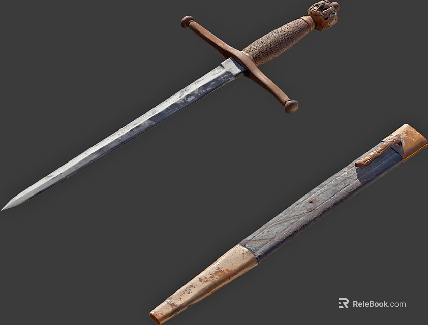 Ancient Weapon Vintage Sword With Ornate Bronze Handle Rustic Metal Blade And Leather Scabbard 3d model 