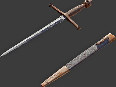 Ancient Weapon Vintage Sword With Ornate Bronze Handle Rustic Metal Blade And Leather Scabbard 3d model