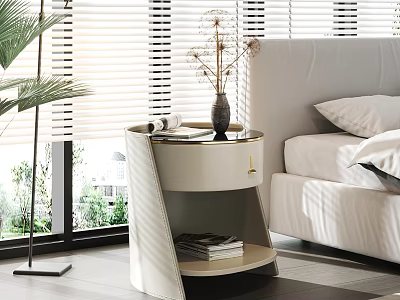 Modern White Bedside Table With Gold Accent Round Top Storage Shelf 3d model