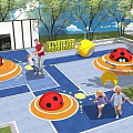 Outdoor Playground Space Featuring Ladybug Shaped Play Equipment Blue Floor Trees And Children Playing