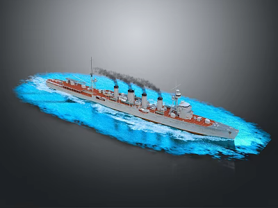 Warship Sailing on Blue Water with Smoke Emitting from Chimneys and Waves 3d model