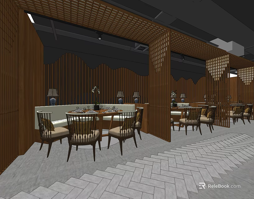 Wooden Panel Restaurant Interior With Lattice Partitions Herringbone Floor And Dining Seats 3d model 