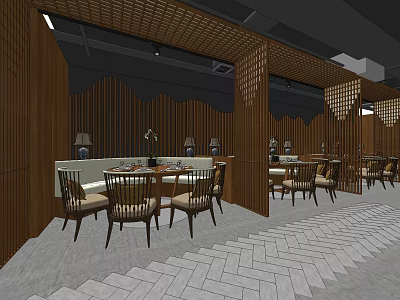 Wooden Panel Restaurant Interior With Lattice Partitions Herringbone Floor And Dining Seats 3d model