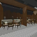 Wooden Panel Restaurant Interior With Lattice Partitions Herringbone Floor And Dining Seats