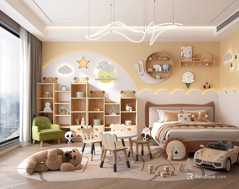Cozy Kids Room Interior Design With Star Cloud Decor Bookshelves Toys And Furniture 3d model 