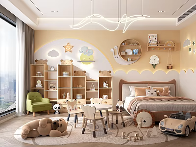 Cozy Kids Room Interior Design With Star Cloud Decor Bookshelves Toys And Furniture 3d model